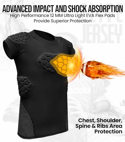 Elite 6-Pad Adult Padded Football Shirt with Chest, Shoulder, Ribs & Spine Protection, Mens Football Padded Compression Shirt