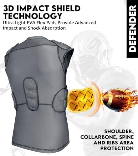 Defender Adult Padded Football Shirt - Football Rib Protector with Shoulder & Spine Football Pads, 5-Pad Football Compression