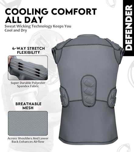 Defender Adult Padded Football Shirt - Football Rib Protector with Shoulder & Spine Football Pads, 5-Pad Football Compression