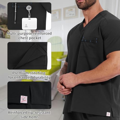 Men's Scrubs Top, Reinforced Chest Pocket & Hem, Stretch V-Neck Work Shirt, Moisture-Wicking & Anti-Wrinkle