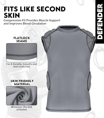 Defender Adult Padded Football Shirt - Football Rib Protector with Shoulder & Spine Football Pads, 5-Pad Football Compression