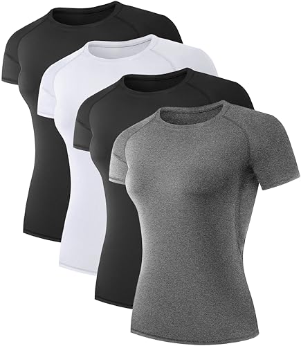 4 Pack Women's Compression Shirt Running Athletic T-Shirts Workout Tops Baselayer Short Sleeve Yoga Gym Sports Gear