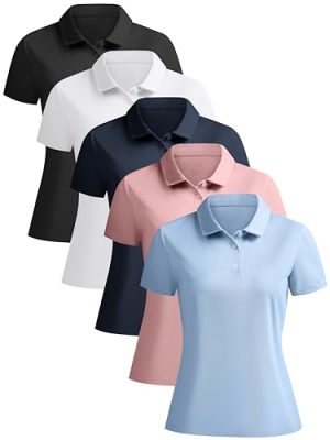 41bMHuO4e8L.jpg 5 Pack Women's Polo Shirts Short Sleeve 3 Buttons Collared Uniform Tops Moisture-Wicking T-Shirts for Work & Casual