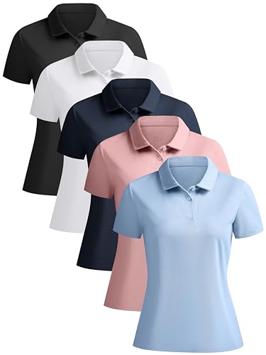 5 Pack Women's Polo Shirts Short Sleeve 3 Buttons Collared Uniform Tops Moisture-Wicking T-Shirts for Work & Casual