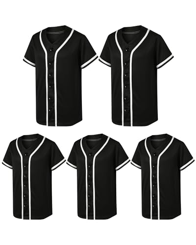 5 Pack Mens Plain Blank Baseball Jersey Button Down Shirts Short Sleeve Hipster Hip Hop Sports Team Uniform