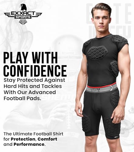 Elite 6-Pad Adult Padded Football Shirt with Chest, Shoulder, Ribs & Spine Protection, Mens Football Padded Compression Shirt
