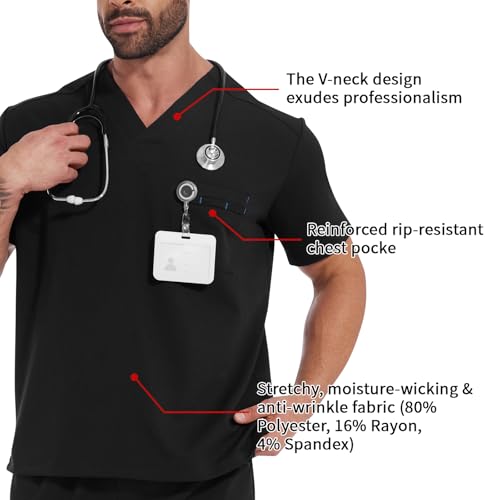 Men's Scrubs Top, Reinforced Chest Pocket & Hem, Stretch V-Neck Work Shirt, Moisture-Wicking & Anti-Wrinkle