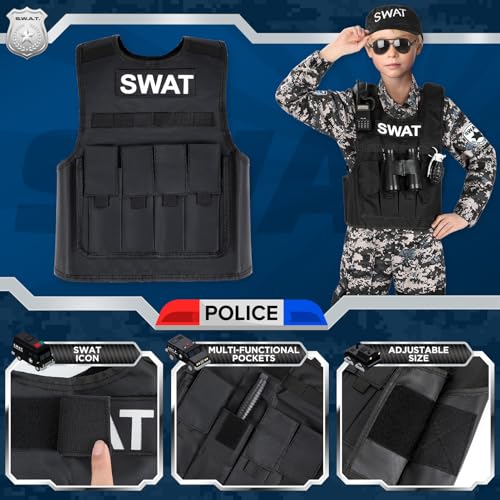 SWAT Police Costume for Kids, Kids Police Costume for Boys with SWAT Vest, Halloween Gifts for Boys 3-12