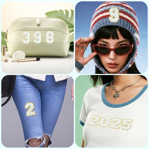 40Pcs Self-Adhesive Chenille Number Patches 0-9 with Glitter Border for Team Jerseys, Sports Uniforms, Football, Jeans, Bags