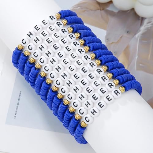 12Pcs Polymer Clay CHEER Stackable Friendship Bracelets Colorful Multilayer Heishi Surfer Clay Gold Beaded CHEER Stretch