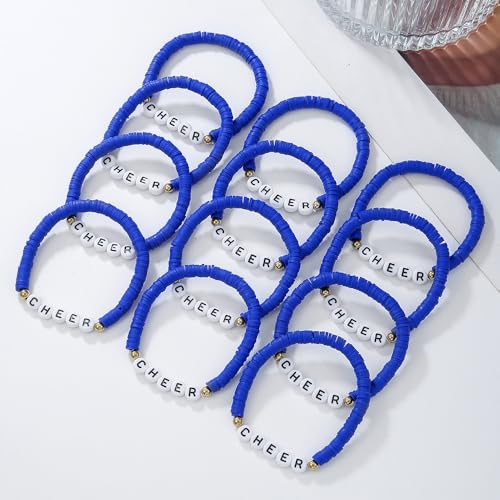 12Pcs Polymer Clay CHEER Stackable Friendship Bracelets Colorful Multilayer Heishi Surfer Clay Gold Beaded CHEER Stretch