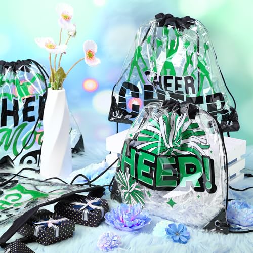 24 Pcs Cheer Drawstring Backpack Bulk Clear PVC Cheerleader Gym Storage Bags Gift for Sports Team Women Accessories (Green)