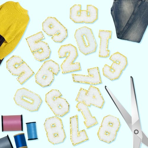 40Pcs Self-Adhesive Chenille Number Patches 0-9 with Glitter Border for Team Jerseys, Sports Uniforms, Football, Jeans, Bags