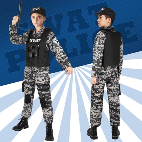 SWAT Police Costume for Kids, Kids Police Costume for Boys with SWAT Vest, Halloween Gifts for Boys 3-12