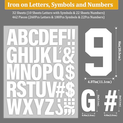 32 Sheets 462 Pieces Iron on Letters and Numbers, 8 Inch 0-9 Iron on Numbers & 2 Inch A-Z Heat Transfer Vinyl Letters for