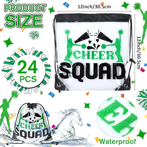 24 Pcs Cheer Drawstring Backpack Bulk Clear PVC Cheerleader Gym Storage Bags Gift for Sports Team Women Accessories (Green)