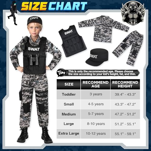 SWAT Police Costume for Kids, Kids Police Costume for Boys with SWAT Vest, Halloween Gifts for Boys 3-12