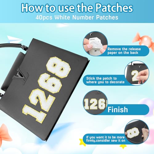 40Pcs Self-Adhesive Chenille Number Patches 0-9 with Glitter Border for Team Jerseys, Sports Uniforms, Football, Jeans, Bags