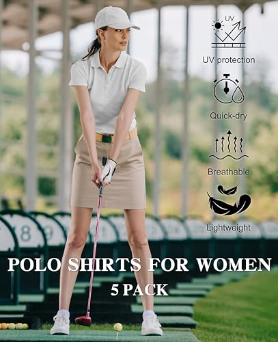 5 Pack Women's Polo Shirts Short Sleeve 3 Buttons Collared Uniform Tops Moisture-Wicking T-Shirts for Work & Casual