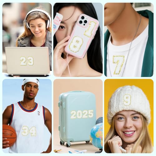 40Pcs Self-Adhesive Chenille Number Patches 0-9 with Glitter Border for Team Jerseys, Sports Uniforms, Football, Jeans, Bags