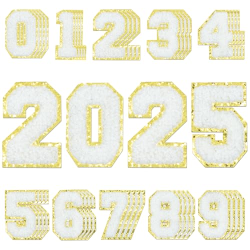 40Pcs Self-Adhesive Chenille Number Patches 0-9 with Glitter Border for Team Jerseys, Sports Uniforms, Football, Jeans, Bags