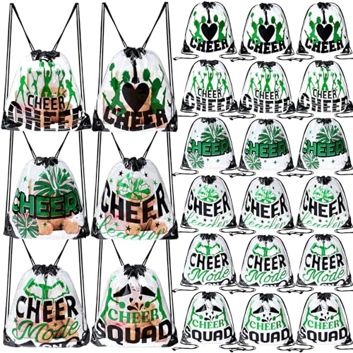 24 Pcs Cheer Drawstring Backpack Bulk Clear PVC Cheerleader Gym Storage Bags Gift for Sports Team Women Accessories (Green)