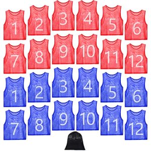 24 Pcs Nylon Mesh Pinnies with Numbers Scrimmage Jerseys for Scrimmage Vest Soccer Bibs for Youth Adult with Carry Bag