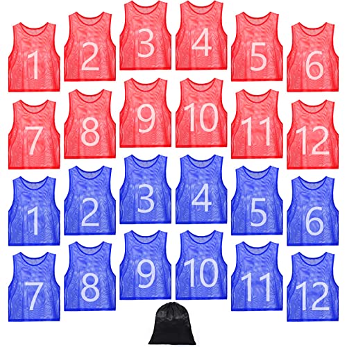 24 Pcs Nylon Mesh Pinnies with Numbers Scrimmage Jerseys for Scrimmage Vest Soccer Bibs for Youth Adult with Carry Bag
